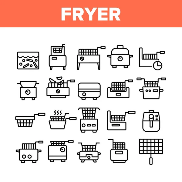 Fryer Elektronik Araç Koleksiyon Simgeleri Vektörü Ayarla. Kızarmış patates kızartması ve tavuk yemeği için elektrikli ekipman doğrusal piktogramlar. Tek Renkli Katılım Çizimleri
