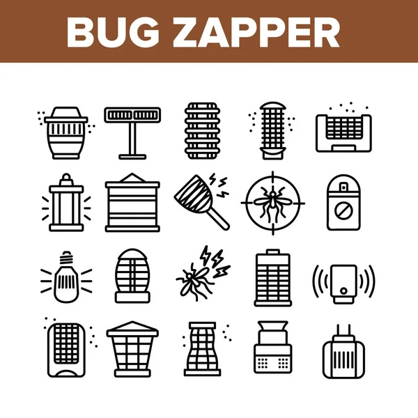 Bug Zapper Ekipman Toplama Simgeleri Vektörü Ayarla. Böcek Emici Elektronik Cihaz ve Böcekleri Öldürmek İçin Dichlorvos Şişe Çizgisel Piktogram. Tek Renkli Katılım Çizimleri