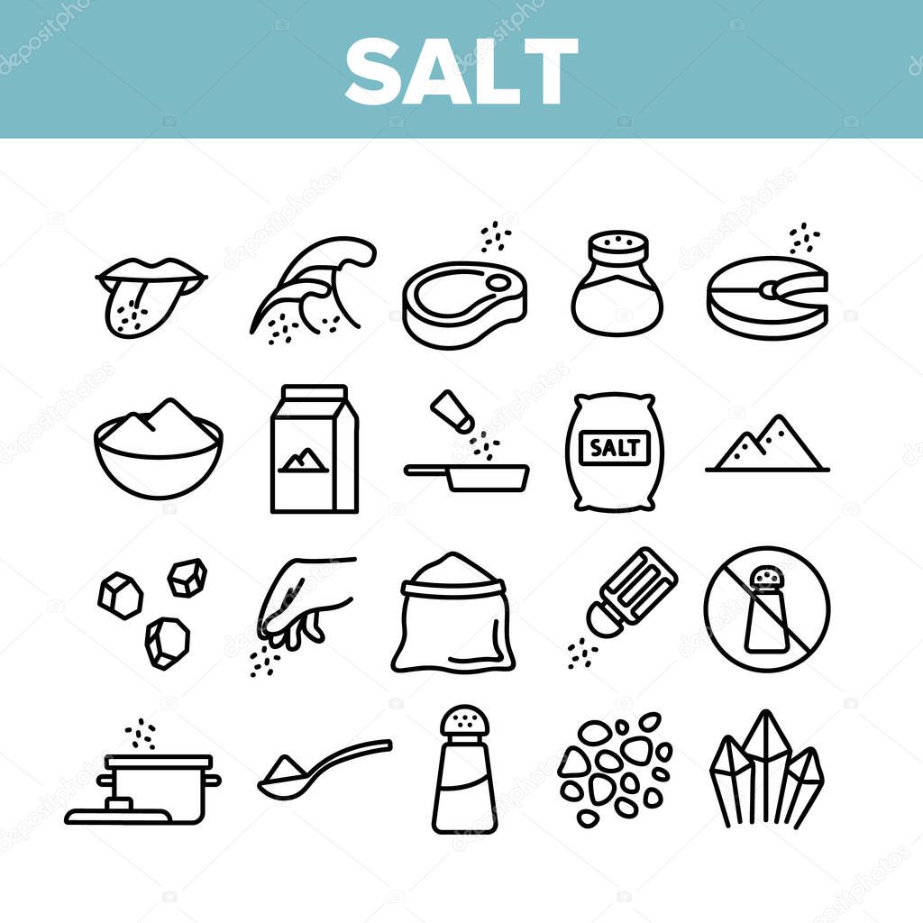 Salt Flavoring Cooking Collection Icons Set Vector. Salt On Human Tongue And In Bowl, Fish And Meat, Package And Bag, Shaker And Bottle Concept Linear Pictograms. Monochrome Contour Illustrations