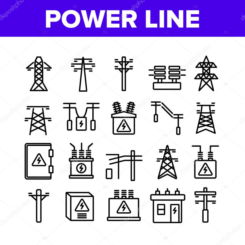 Power Line Electricity Collection Icons Set Vector. Power Line Tower And Electric Wire Cord, Transformer And Lightning Mark Concept Linear Pictograms. Monochrome Contour Illustrations