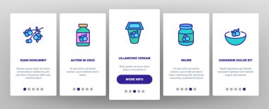 Böğürtlen Yemeği Simge Ayarlama Vektörü. Yabanmersini suyu ve yoğurt, dondurma ve turta, reçel ve çay, tatlı içecek bardağı ve paket resimleri.