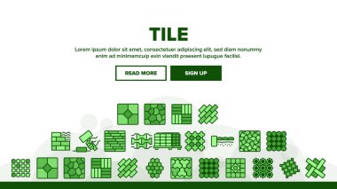 Tile Floor Material Landing Web Page Header Banner Template Vector. Brick On Pallet And Hammer, Different Form And Style Flooring Tile, Parquet And Wall Illustration vector