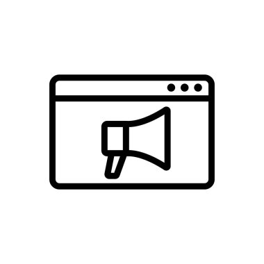 Megafon, tarayıcı simgesi vektörü. İnce çizgi işareti. İzole edilmiş kontür sembolü gösterimi