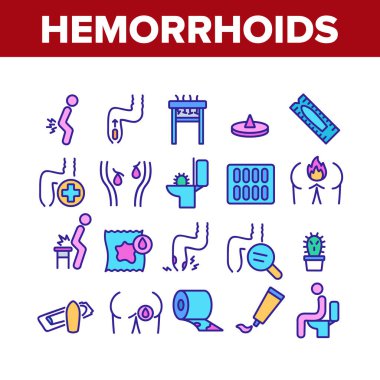 Hemoroidler Hastalık Toplama Simgeleri Vektörü Ayarladı. Hemoroit Ache ve Ağrı, İltihap ve Tedavi hapları, Kağıt rulo ve Krem Konsepti Çizgisel Piktogramlar. Renk Katılımı Resimleri