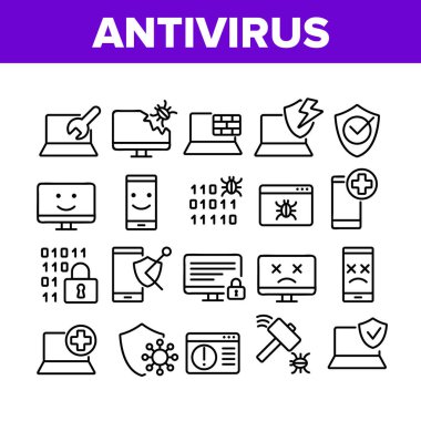 Antivirüs Program Koleksiyon Simgeleri Vektörü Ayarla. Bilgisayar ve Dizüstü bilgisayar antivirüsü, İkili Kod Güvenliği asma kilit, Çekiç Öldüren Böcek Kavramları doğrusal Piktogramlar. Tek Renkli Katılım Çizimleri