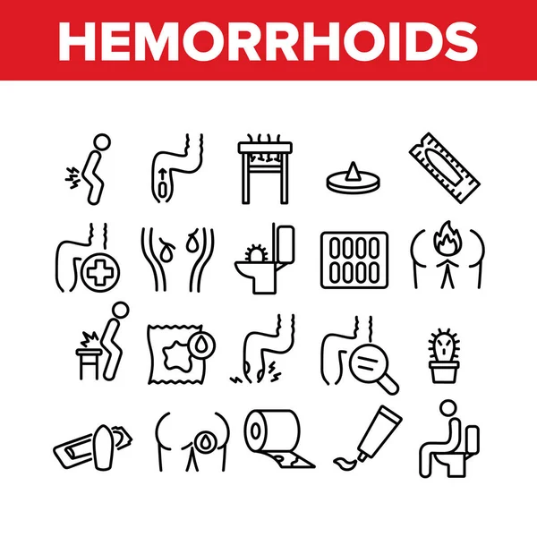 Hemoroidler Hastalık Toplama Simgeleri Vektörü Ayarladı. Hemoroit Ache ve Ağrı, İltihap ve Tedavi hapları, Kağıt rulo ve Krem Konsepti Çizgisel Piktogramlar. Tek Renkli Katılım Çizimleri