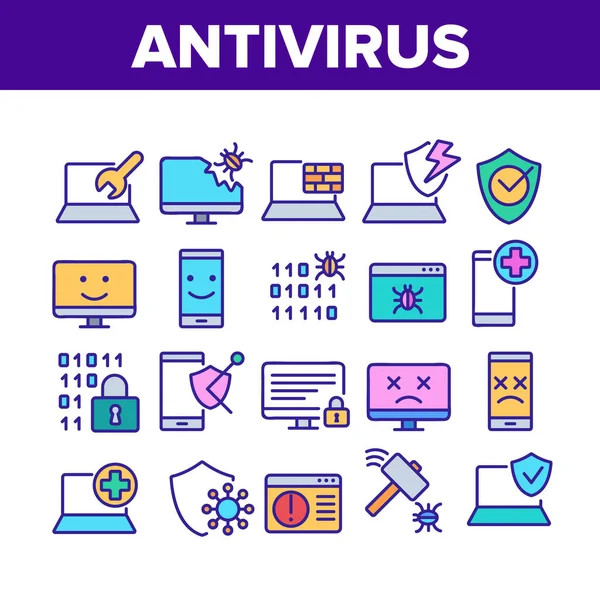 Antivirüs Program Koleksiyon Simgeleri Vektörü Ayarla. Bilgisayar ve Dizüstü bilgisayar antivirüsü, İkili Kod Güvenliği asma kilit, Çekiç Öldüren Böcek Kavramları doğrusal Piktogramlar. Renk Katılımı Resimleri