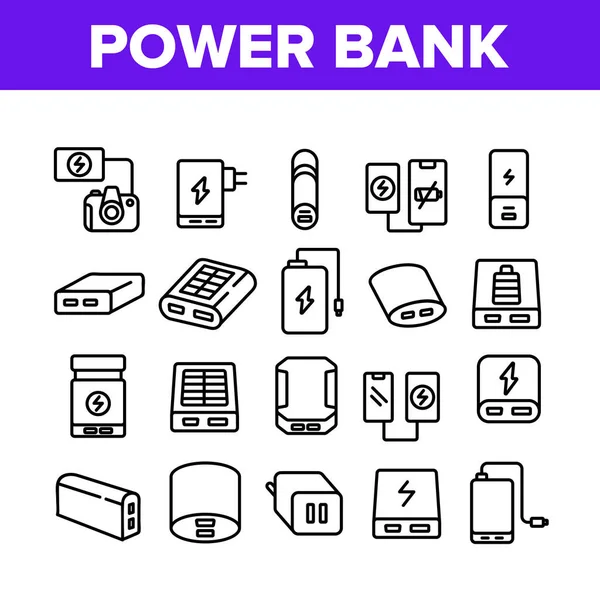 Icone Della Collezione Dispositivi Power Bank Impostano Vettore Attrezzatura Elettronica — Vettoriale Stock