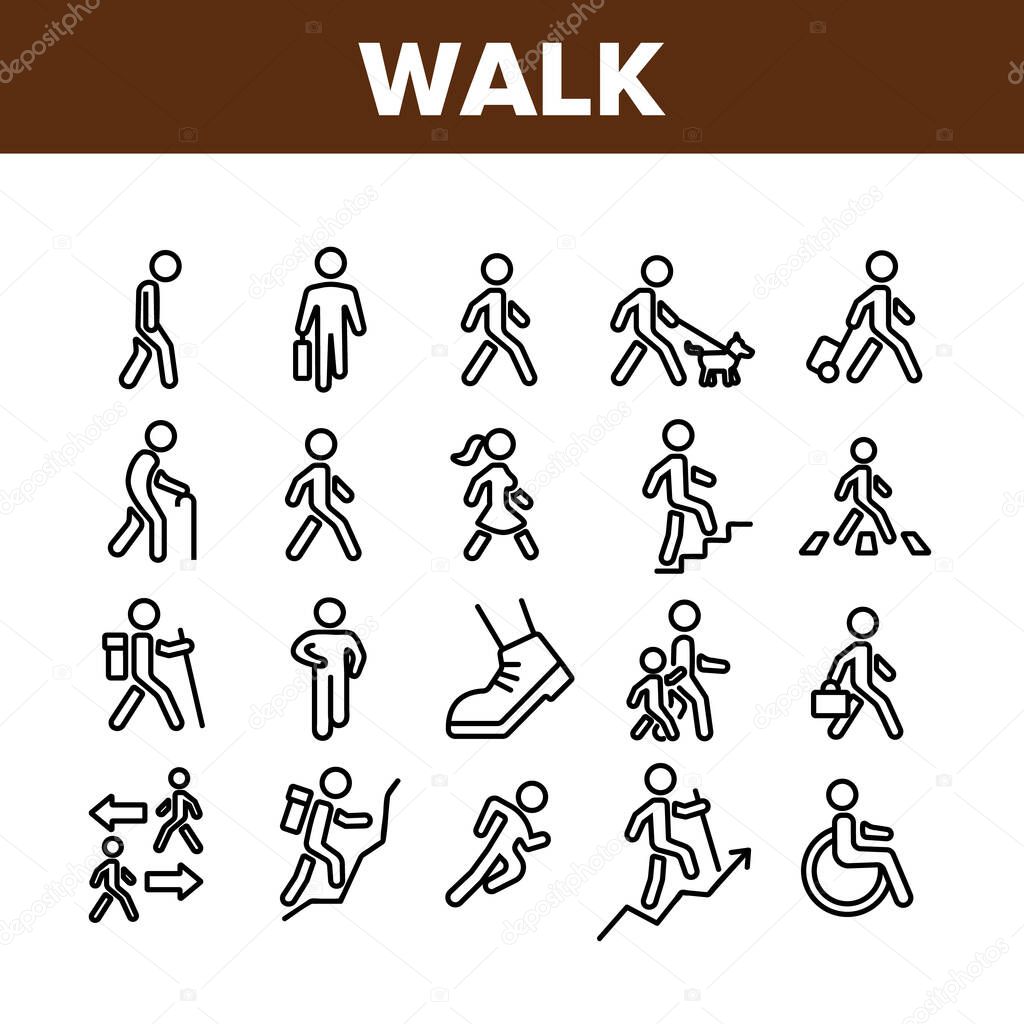Walk People Motion Collection Icons Set Vector. Human Walk With Dog And Luggage, With Case And Backpack, Crosswalk And Stairs Concept Linear Pictograms. Monochrome Contour Illustrations