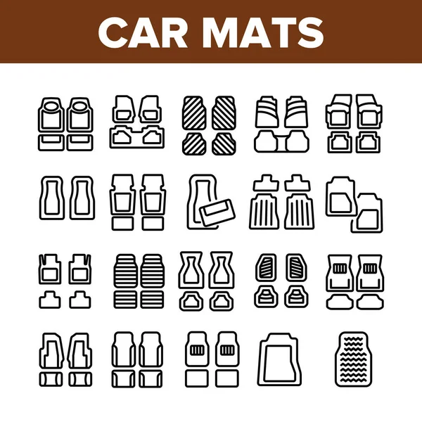 Araba Mats Döşeme Halı Toplama Simgeleri Vektörü Ayarla. Araba Mats, Otomobil Elastik Döşeme Aksesuarları, Araç İçi Kısmı Doğrusal Piktogramlar. Tek Renkli Katılım Çizimleri