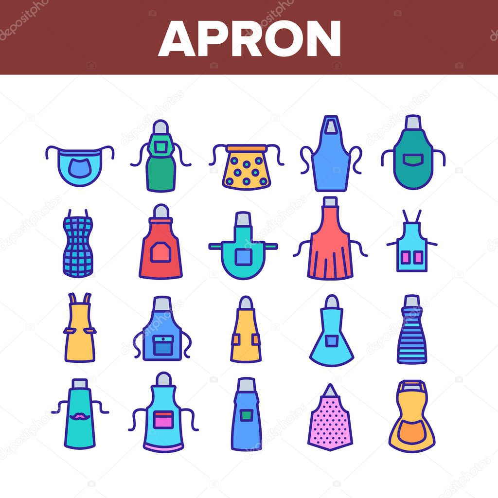 Apron Kitchen Cloth Collection Icons Set Vector. Kitchen Apron Protective Garment Different Style, Chef Uniform, Housewife Domestic Clothing Concept Linear Pictograms. Color Illustrations