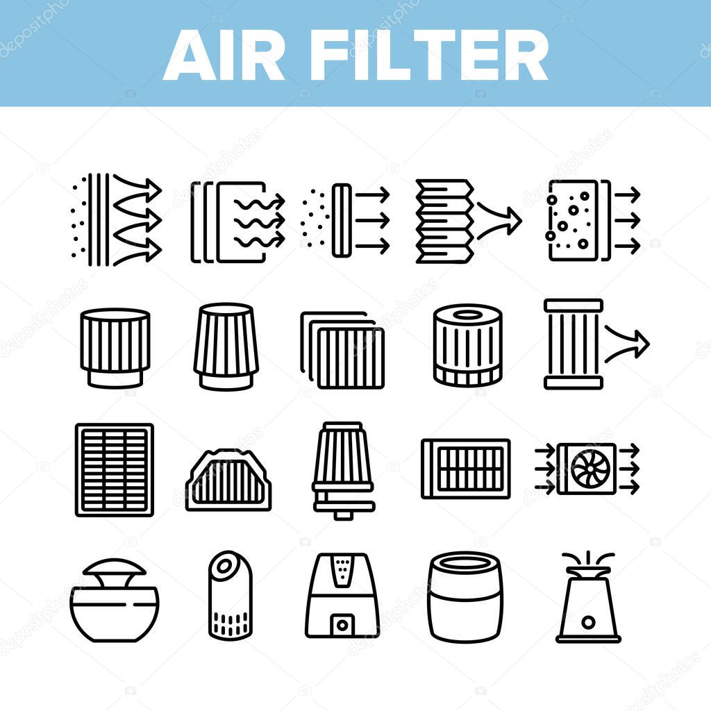Air Filter And Airflow Collection Icons Set Vector. Car And Conditioner Air Filter Equipment, Domestic Device For Filtration Concept Linear Pictograms. Monochrome Contour Illustrations