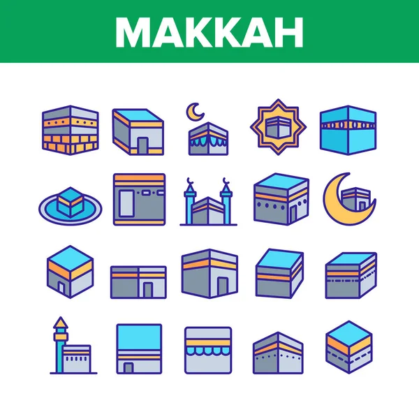 Makkah Islamitische Religieuze Bouw Pictogrammen Set Vector — Stockvector