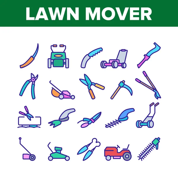 Lawn Mover Equipment Collection Icons Set Vector — Stock Illustration Lawn Mover Equipment Collection Icons Set Vector Royalty Free Stock Vectors