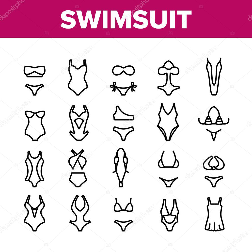Swimsuit Woman Clothes Collection Icons Set Vector. Glamor Swimsuit, Female Bikini, Underwear For Swimming, Feminine Swimwear Concept Linear Pictograms. Monochrome Contour Illustrations