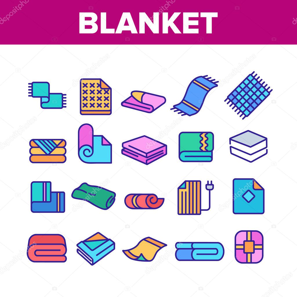 Blanket And Towel Collection Icons Set Vector. Electronic Blanket With Heating, Fabric Bathroom Accessory, Twisted Plaid Concept Linear Pictograms. Color Illustrations