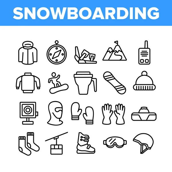 Snowboard Felszerelés Gyűjtemény Ikonok Beállítása Vektor Maszk Snowboard Cipő Sisak — Stock Vector