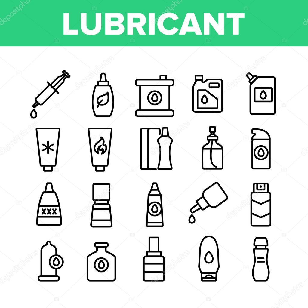 Lubricant Container Collection Icons Set Vector. Lubricant Liquid , Oil And Cream Tube And Bottle, Spray And Flask, For Condom And Car Motor Concept Linear Pictograms. Monochrome Contour Illustrations