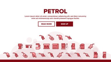 Benzin İstasyonu İniş Aracı Web Sayfa Başlığı Şablon Vektörü. Otomobil Yakıt Servisi Ekipmanı ve Hortum, Gaz, Dizel ve Elektrik Resimleri