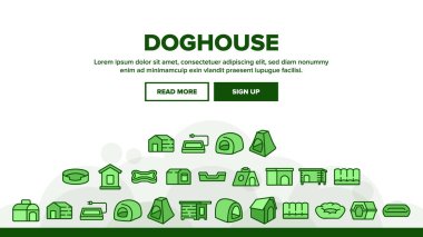 Köpek Evi Aksesuar Web Sayfa Başlığı Sancak Şablonu Vektörü. Köpek kulübesi farklı stilde, taşıyıcı konteynır ve uyuyan hayvan resimleri için yatak