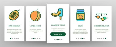 Karpuz Organik Meyve Kaydırma Simgeleri Ayarlama Vektörü. Dilimlenmiş, kavunlu, taze meyve suyu, dondurma, yoğurt ve reçel resimli.