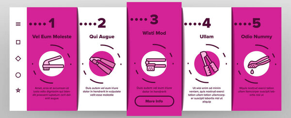 Garlic Press Utensil Onboarding Icons Set Vector. Garlic Press Kitchenware Equipment, Stainless Kitchen Tool, Metallic Ware For Cooking Illustrations