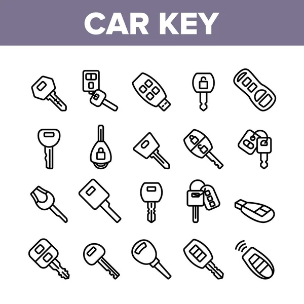 Araba Anahtarı Toplama Simgeleri Vektörü Ayarla. Anahtar Aygıtı, düğmeler ve incik boncuklarla farklı bir tarzda kilitlenip, doğrusal Piktogram konseptini açın. Tek Renkli Katılım Çizimleri