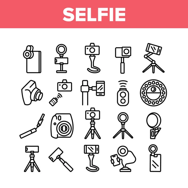 Selfie Photo Camera Collection Ikony Set Vector Selfie Stick Tripod — Stockový vektor