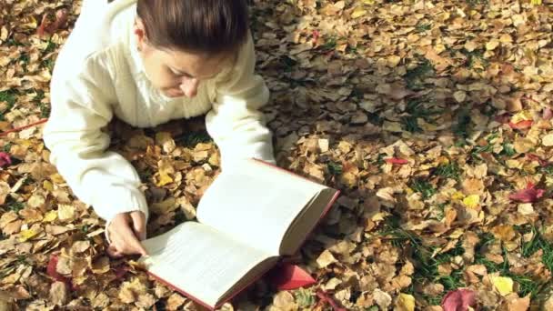 Junge hübsche Frau liest ein Buch. Herbstzeit. — Stockvideo