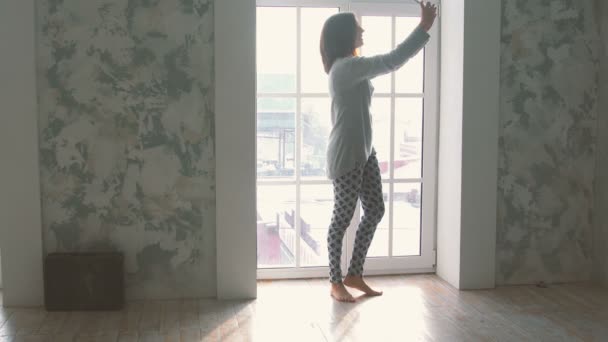Morena mujer hace selfie contra ventana — Vídeos de Stock