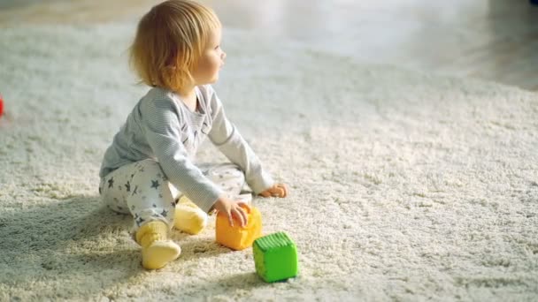 Little girl plays with toy blocks — Stock Video