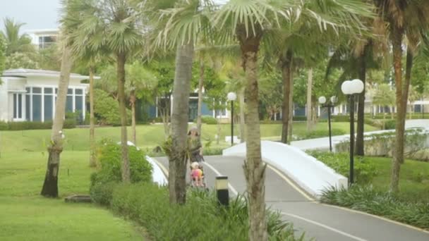 Vrouw lopen met peuter in kinderwagen — Stockvideo