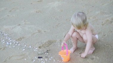 Kız kabukları kumsalda toplar.