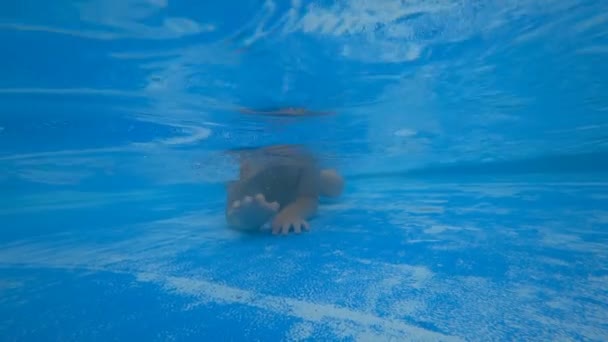 Pequeño niño arrastrándose en el fondo de la piscina — Vídeos de Stock