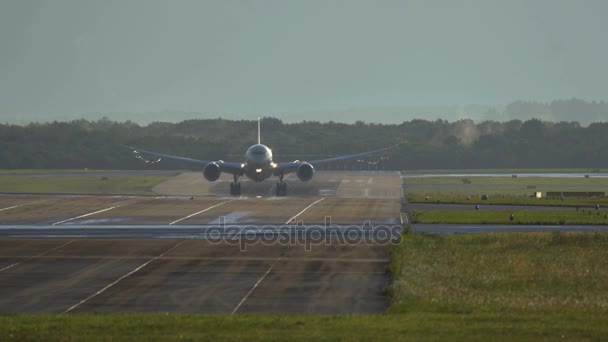 Widebody flygplan landar på tidigt på morgonen — Stockvideo