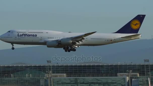 Lufthansa Boeing 747 se blíží na letišti Frankfurt nad Mohanem — Stock video