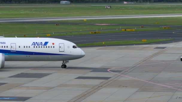 Todo Nippon Airways Boeing 787 taxiing en el aeropuerto de Dusseldorf — Vídeos de Stock