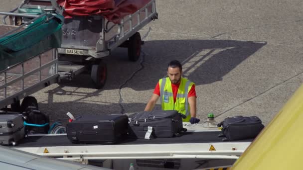 Airport employee controls luggage — Stock Video