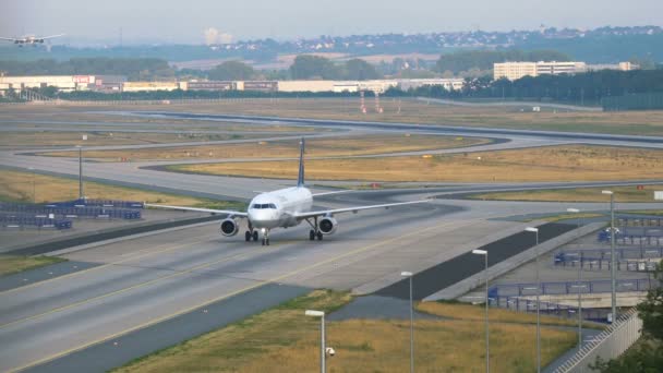 Lufthansas airplane taxiing after landing. Boeing 777 landing at the background — Stock Video