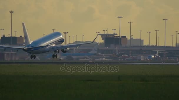 Twin motor letadla Klm Airlines přistání na letišti Schiphol — Stock video
