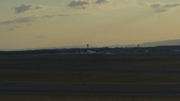 Avião aterrissando ao pôr do sol — Vídeo de Stock
