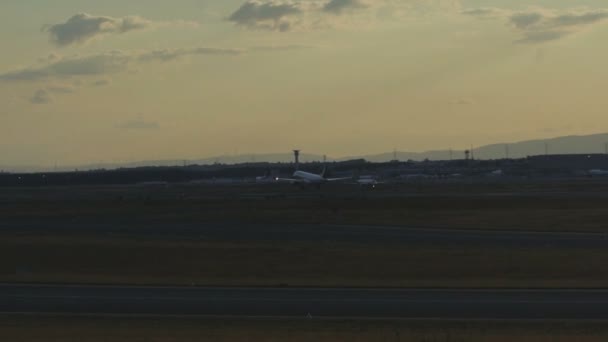 Flugzeug landet bei Sonnenuntergang — Stockvideo