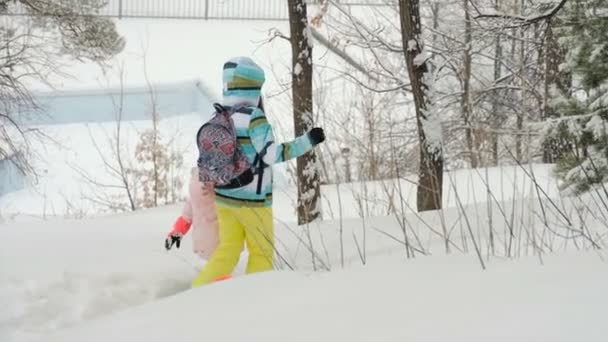 여자 겨울 숲에서 자녀와 산책 — 비디오
