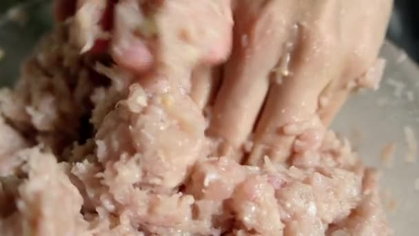 Le mani femminili mescolano la carne macinata . — Video Stock