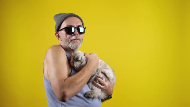 Mature hipster man with a bunny on hands. — Αρχείο Βίντεο