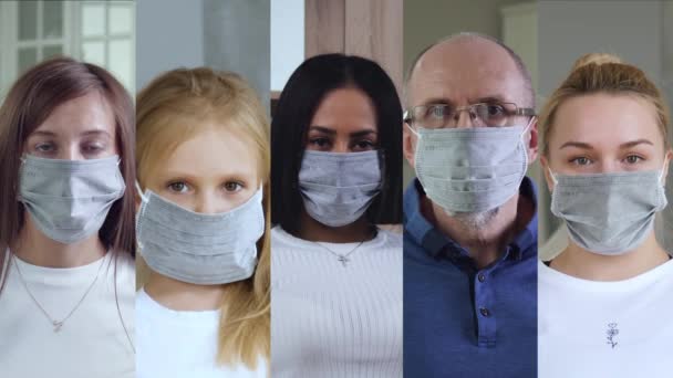 Collage of multiaged people wearing medical mask — Stock Video
