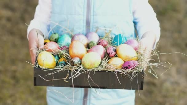 Linda chica sonriente con huevos de Pascua — Vídeo de stock