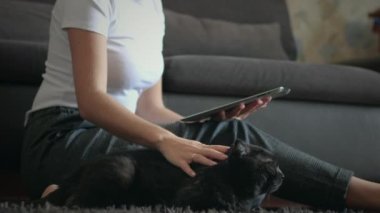 Tablet bilgisayar kullanan bir kadın evcil hayvanını okşuyor.