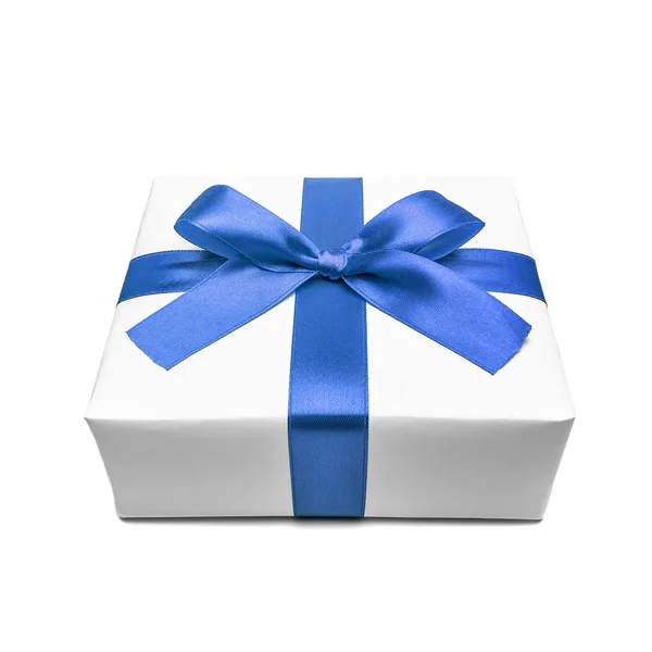 Presentförpackning med blå band rosett — Stockfoto