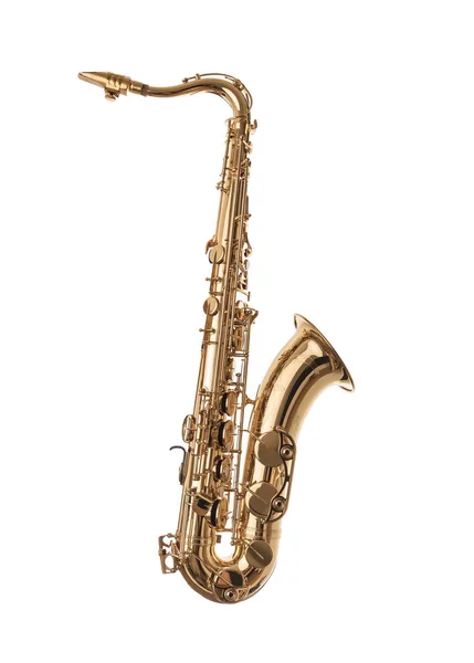 Gouden saxofoon geïsoleerd op wit. — Stockfoto